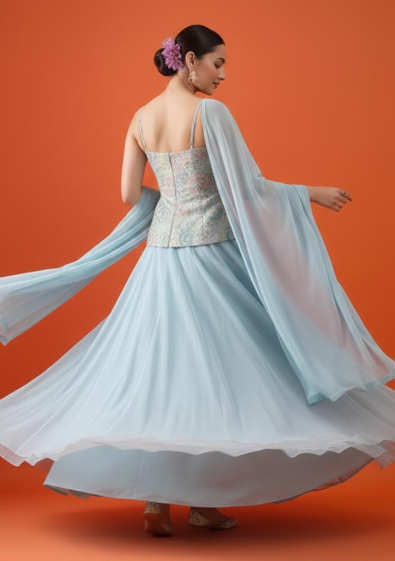 Blue Embroidered Tissue Lehenga Set - Indya