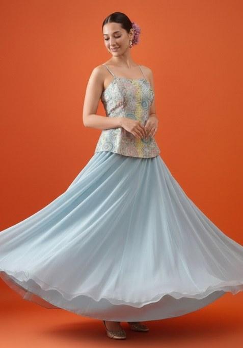 Blue Embroidered Tissue Lehenga Set