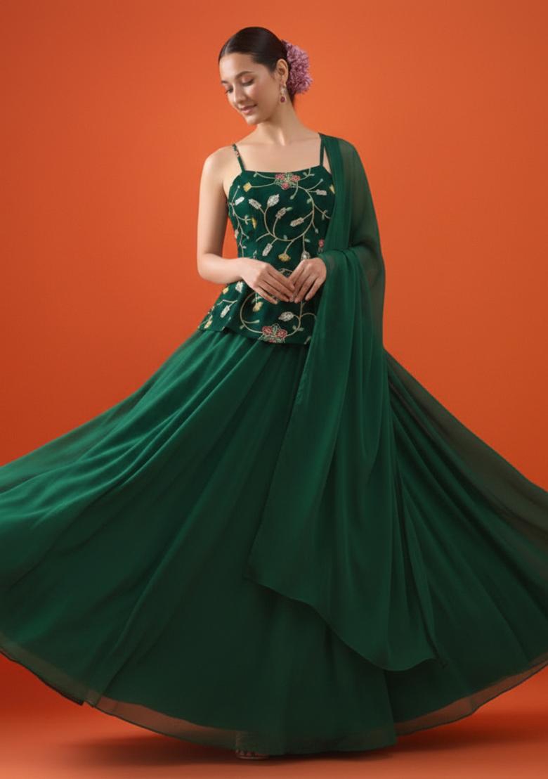 Green Embroidered Silk Lehenga Set - Indya