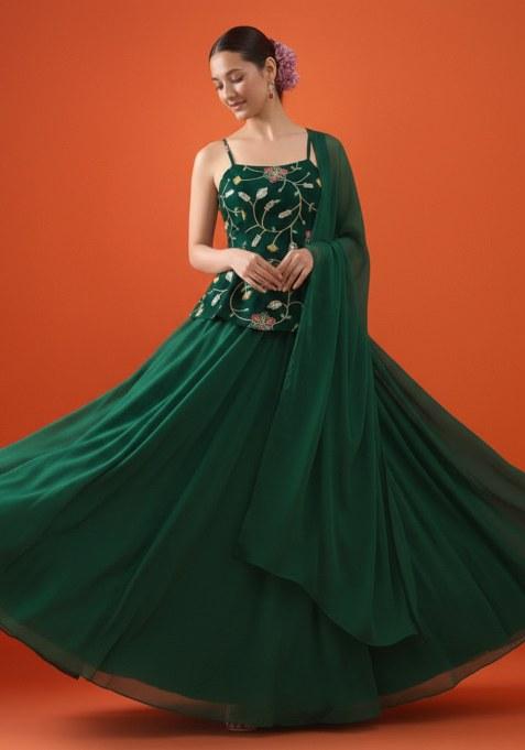 Green Embroidered Silk Lehenga Set