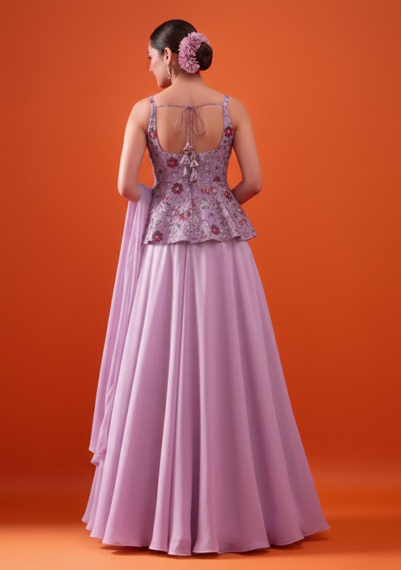 Pink Embroidered Silk Lehenga Set - Indya