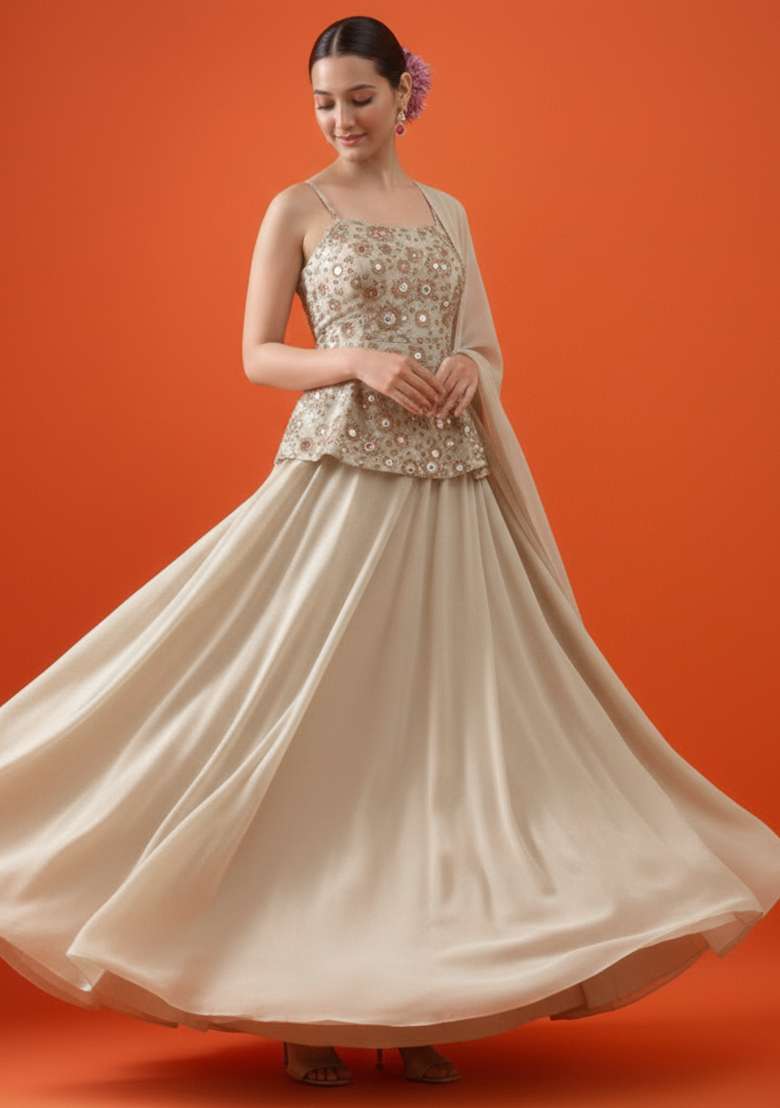 Beige Embroidered Tissue Lehenga Set - Indya