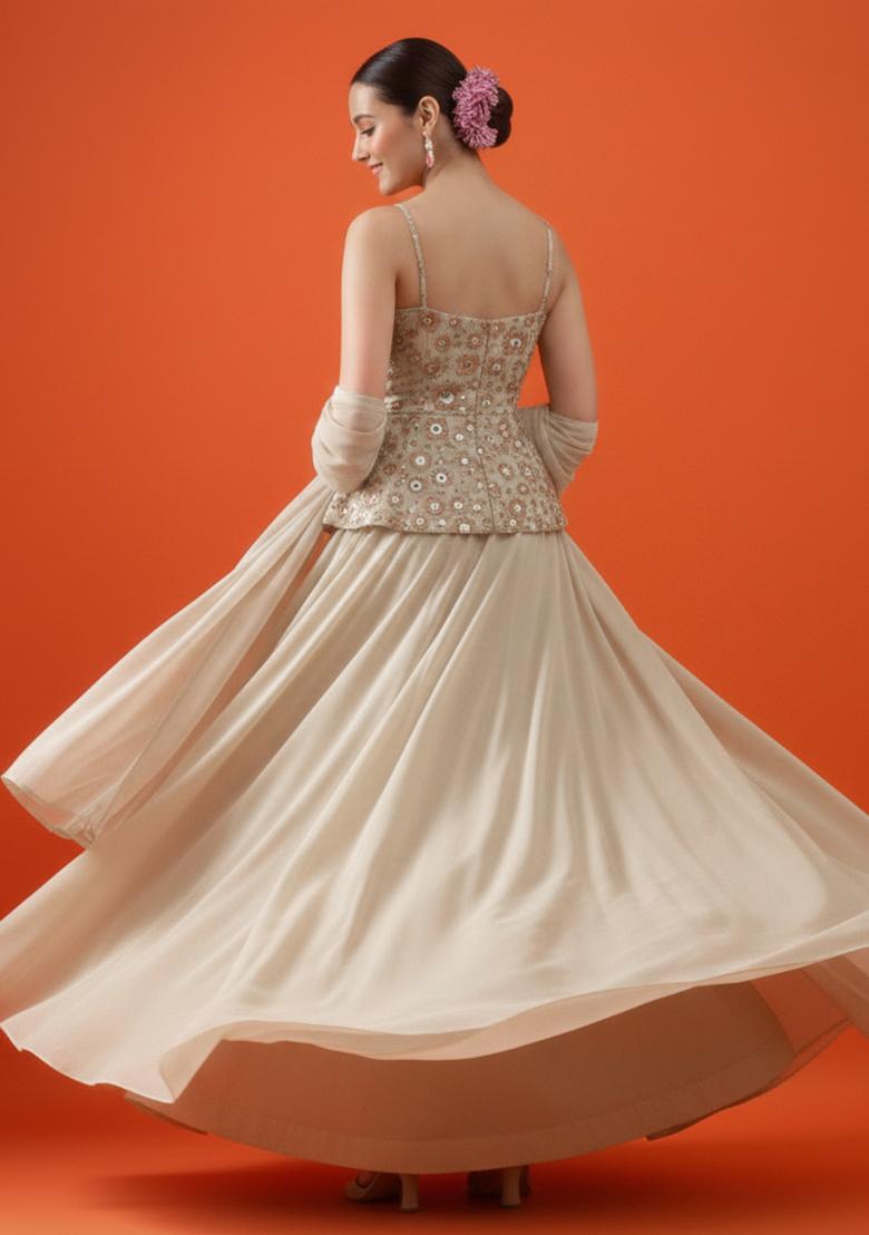 Beige Embroidered Tissue Lehenga Set - Indya