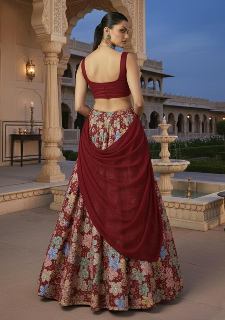 Deep Maroon Embroidered Crepe Pre Draped Saree Set - Indya