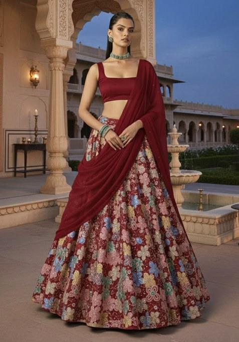 Deep Maroon Embroidered Crepe Pre Draped Saree Set