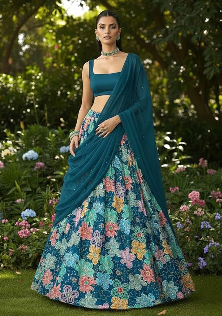 Blue Embroidered Crepe Pre Draped Saree Set - Indya