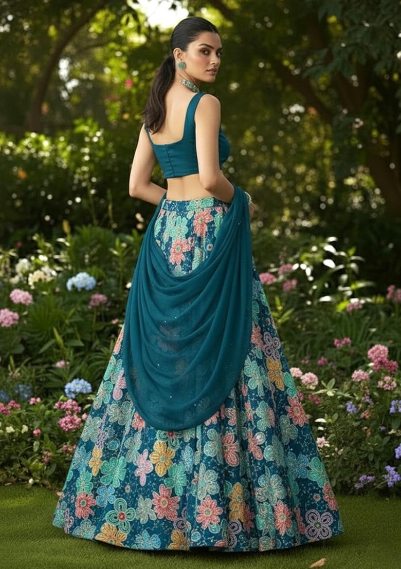 Blue Embroidered Crepe Pre Draped Saree Set - Indya