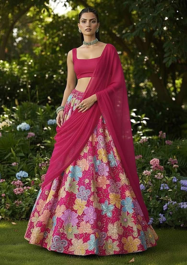 Pink Embroidered Crepe Pre Draped Saree Set - Indya