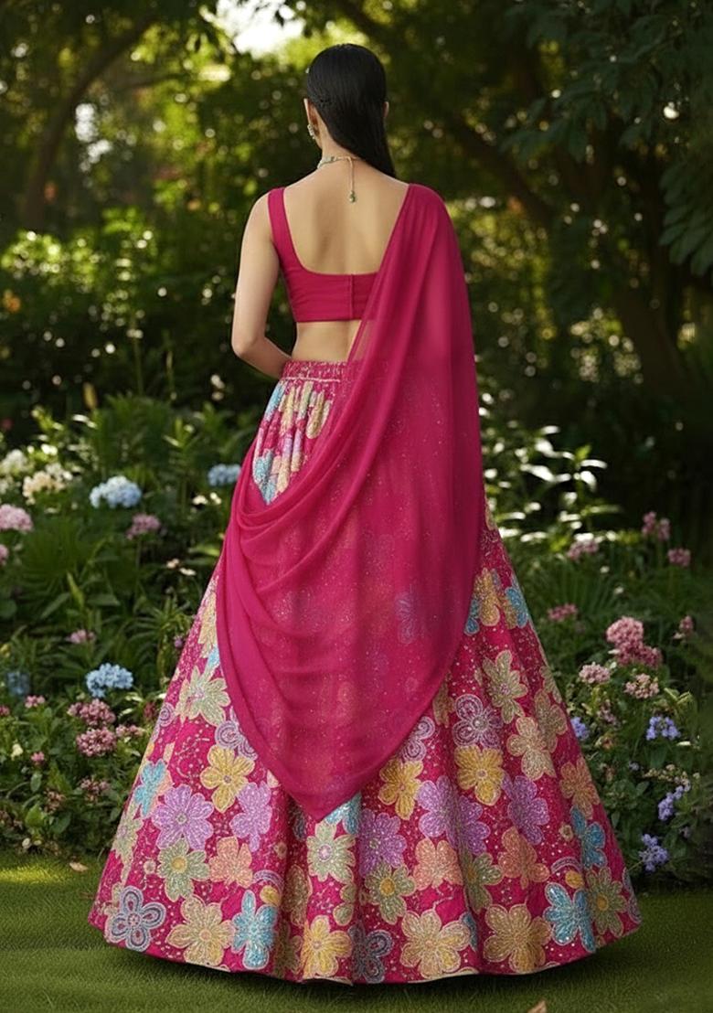 Pink Embroidered Crepe Pre Draped Saree Set - Indya