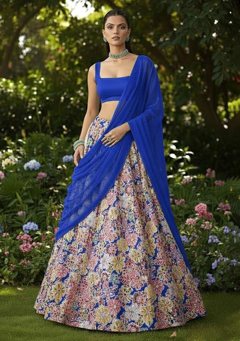 Blue Embroidered Crepe Pre Draped Saree Set - Indya