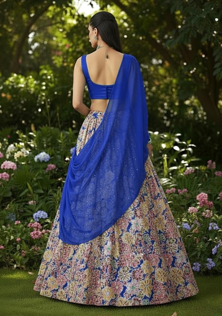 Blue Embroidered Crepe Pre Draped Saree Set - Indya