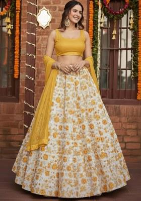 Yellow Floral Print Crepe Pre Draped Saree Set