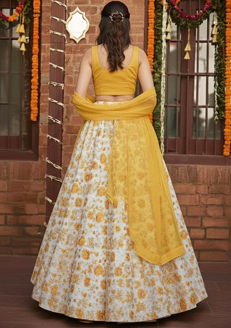 Yellow Floral Print Crepe Pre Draped Saree Set - Indya