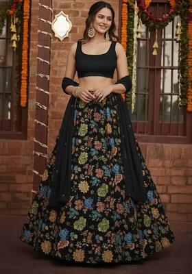 Black Floral Print Crepe Pre Draped Saree Set