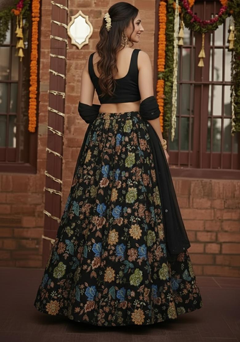 Black Floral Print Crepe Pre Draped Saree Set - Indya