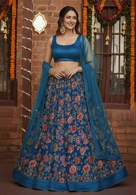 Blue Floral Print Crepe Pre Draped Saree Set