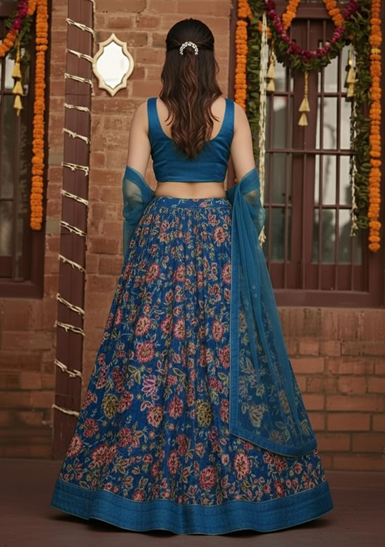 Blue Floral Print Crepe Pre Draped Saree Set - Indya