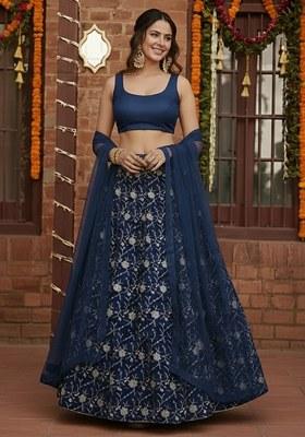 Navy Blue Embroidered Silk Pre Draped Saree Set