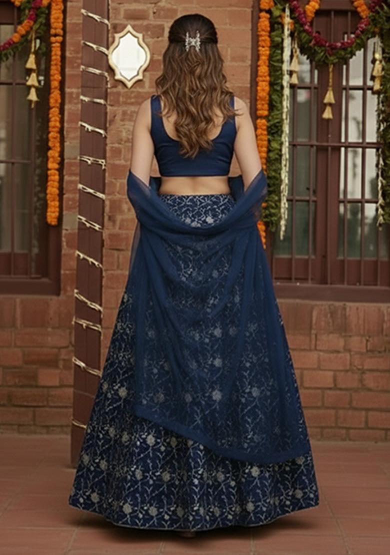 Navy Blue Embroidered Silk Pre Draped Saree Set - Indya