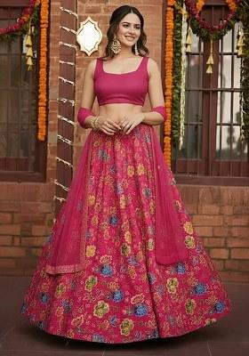 Pink Floral Print Crepe Pre Draped Saree Set