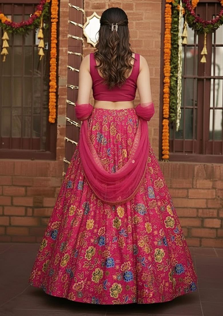 Pink Floral Print Crepe Pre Draped Saree Set - Indya