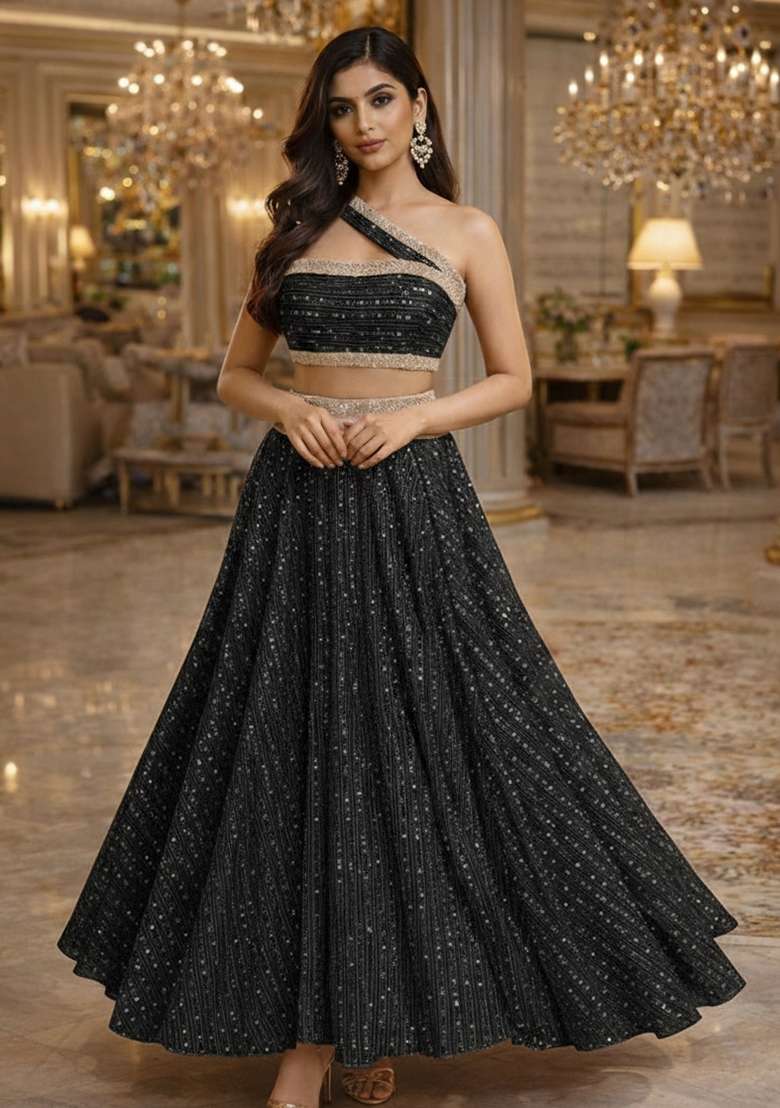 Black Embellished Shimmer Lehenga Set with Sequin for Diwali | Wedding & Festive Wear - Indya
