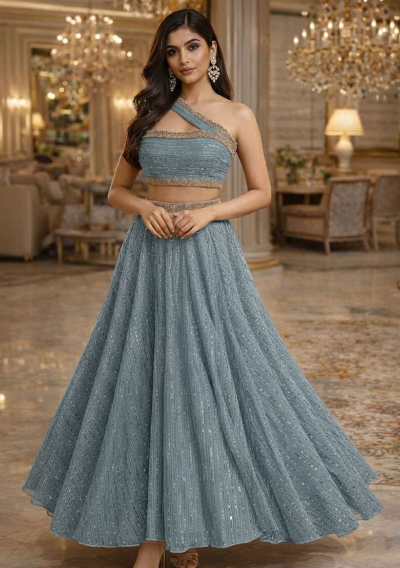 Dusty Blue Embellished Shimmer Lehenga Set with Sequin for Diwali | Wedding & Festive Wear - Indya