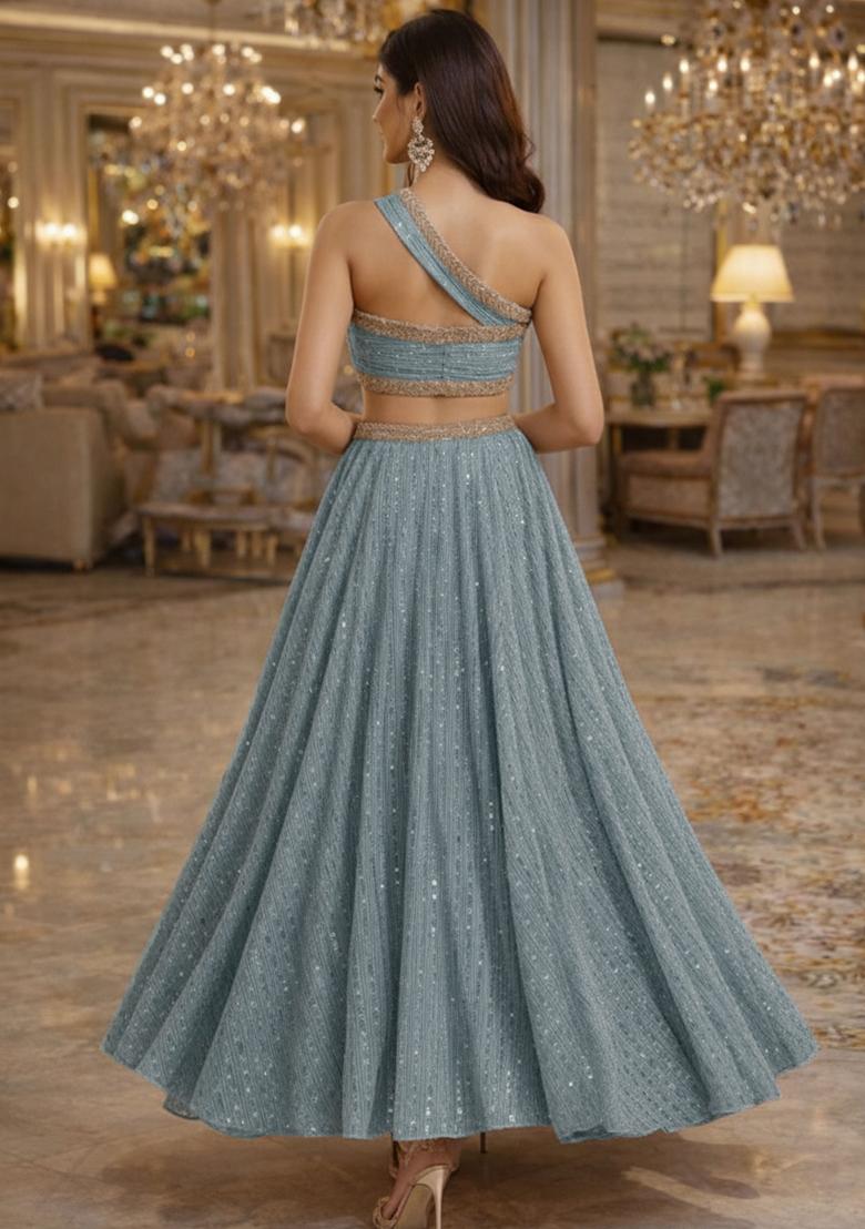 Dusty Blue Sequin Embellished Shimmer Lehenga Set  - Indya