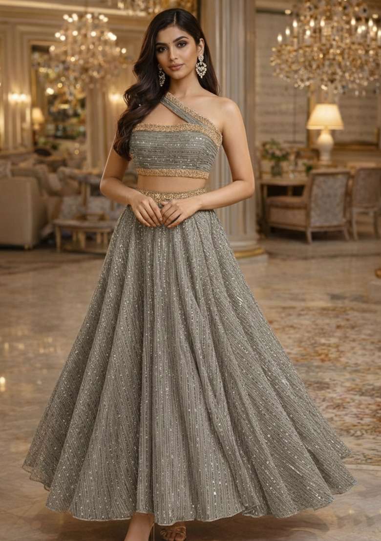Smoke Grey Sequin Embellished Shimmer Lehenga Set for Diwali and Festive Wear - Indya