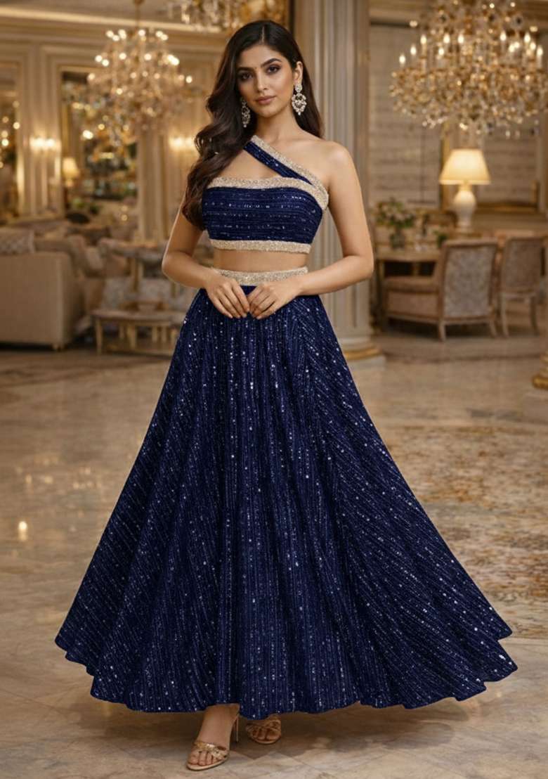 Deep Navy Sequin Embellished Shimmer Lehenga Set for Diwali and Festive Wear - Indya