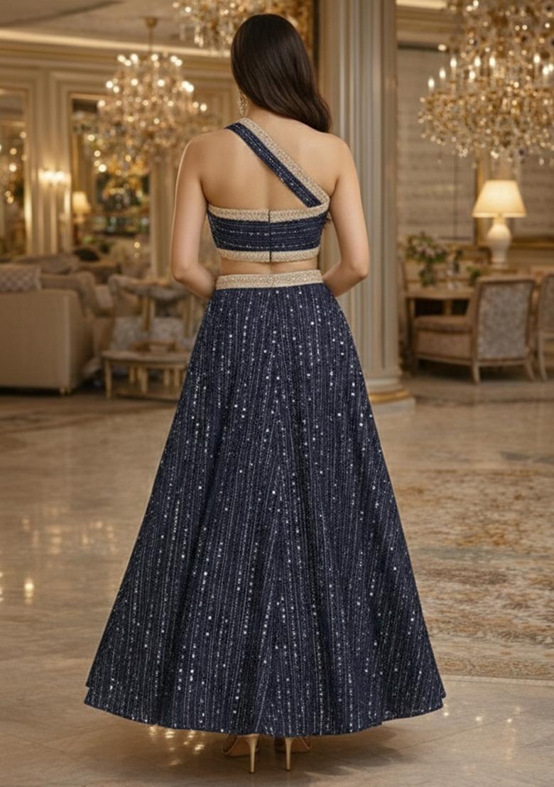 Deep Navy Sequin Embellished Shimmer Lehenga Set  - Indya