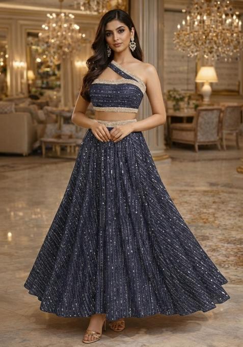 Deep Navy Sequin Embellished Shimmer Lehenga Set 