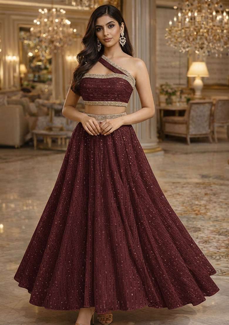 Deep Maroon Sequin Embellished Shimmer Lehenga Set for Diwali and Festive Wear - Indya
