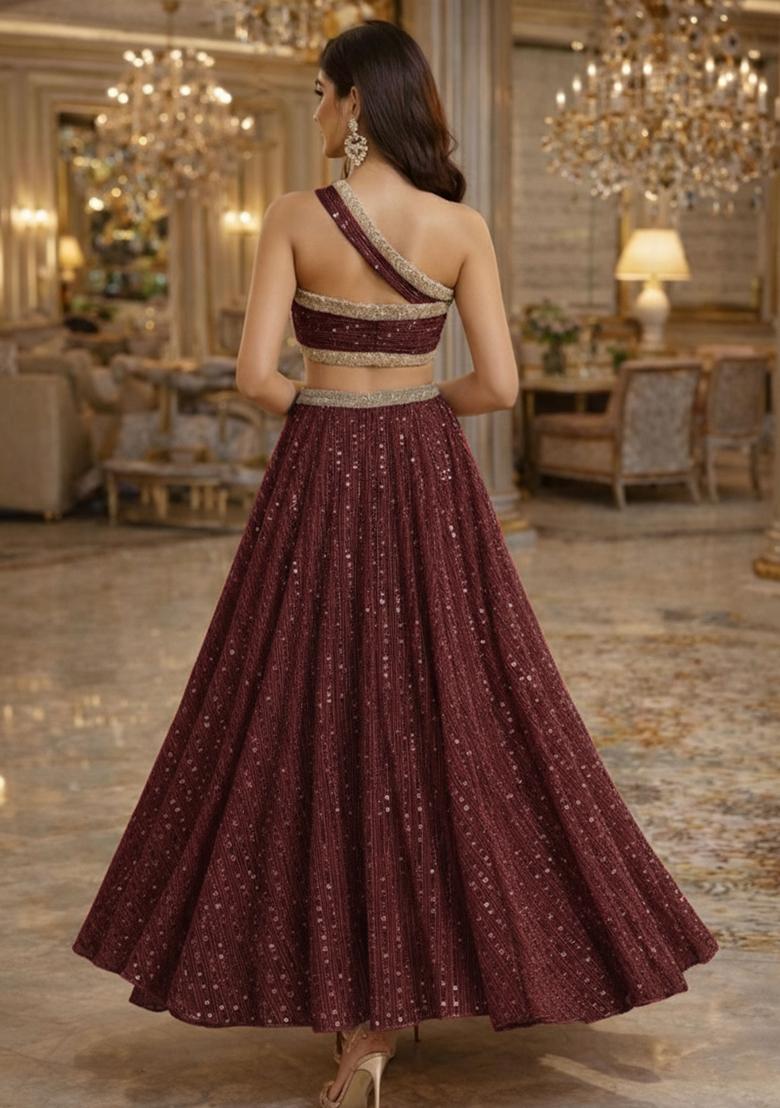 Deep Maroon Sequin Embellished Shimmer Lehenga Set  - Indya