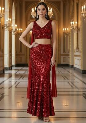 Deep Burgundy Sequin Embellished Net Lehenga Set 