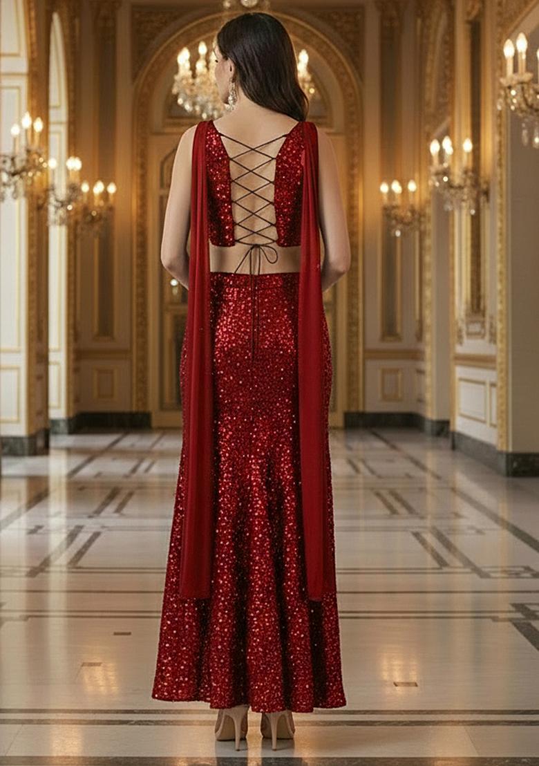 Deep Burgundy Sequin Embellished Net Lehenga Set  - Indya