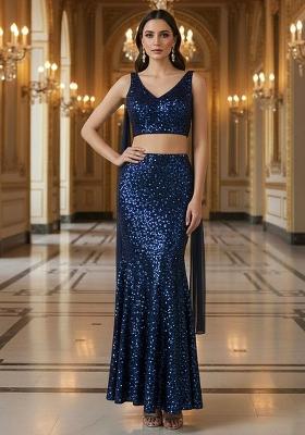 Deep Navy Sequin Embellished Net Lehenga Set 