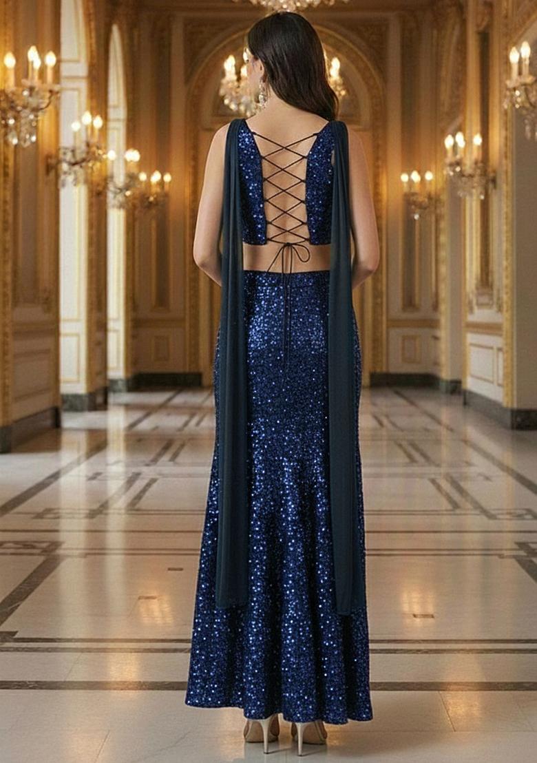 Deep Navy Sequin Embellished Net Lehenga Set  - Indya