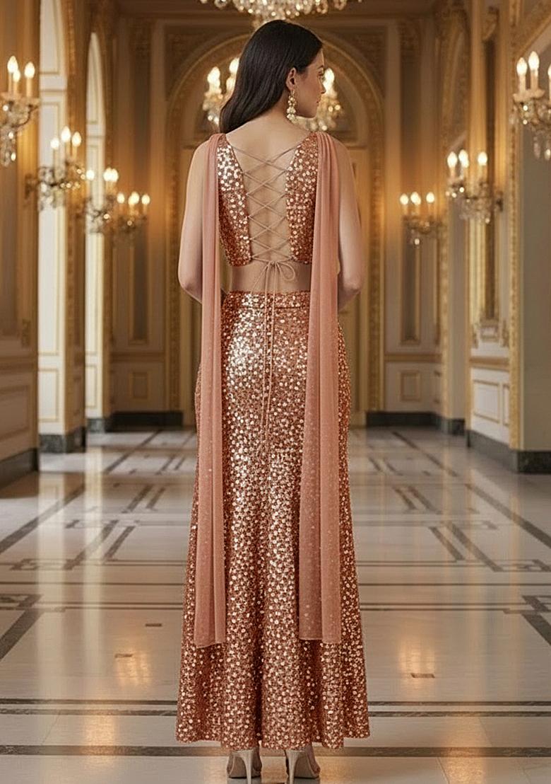 Pink Sequin Embellished Net Lehenga Set  - Indya