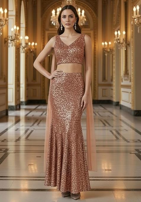 Pink Sequin Embellished Net Lehenga Set 