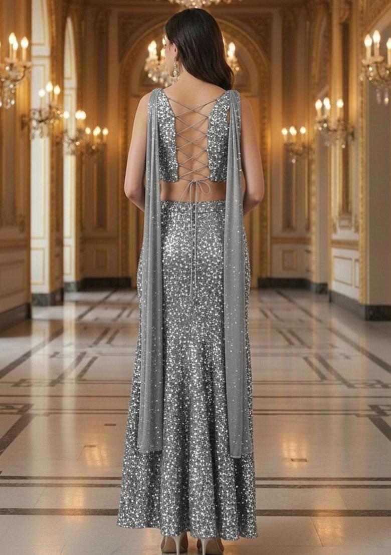 Silver Grey Sequin Embellished Net Lehenga Set  - Indya