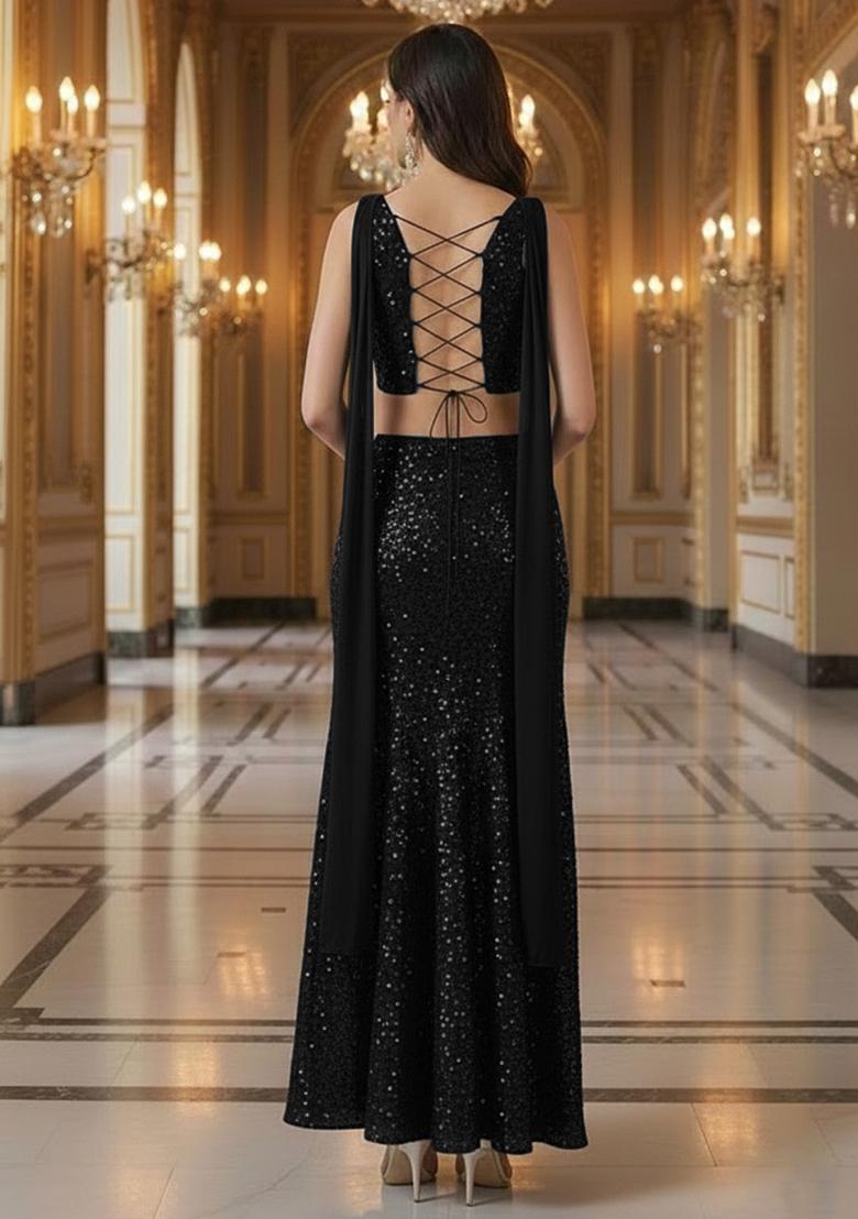 Black Sequin Embellished Net Lehenga Set  - Indya