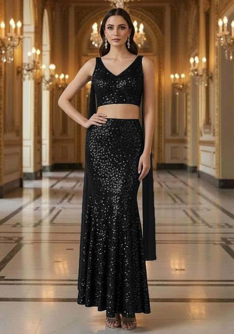 Black Sequin Embellished Net Lehenga Set 