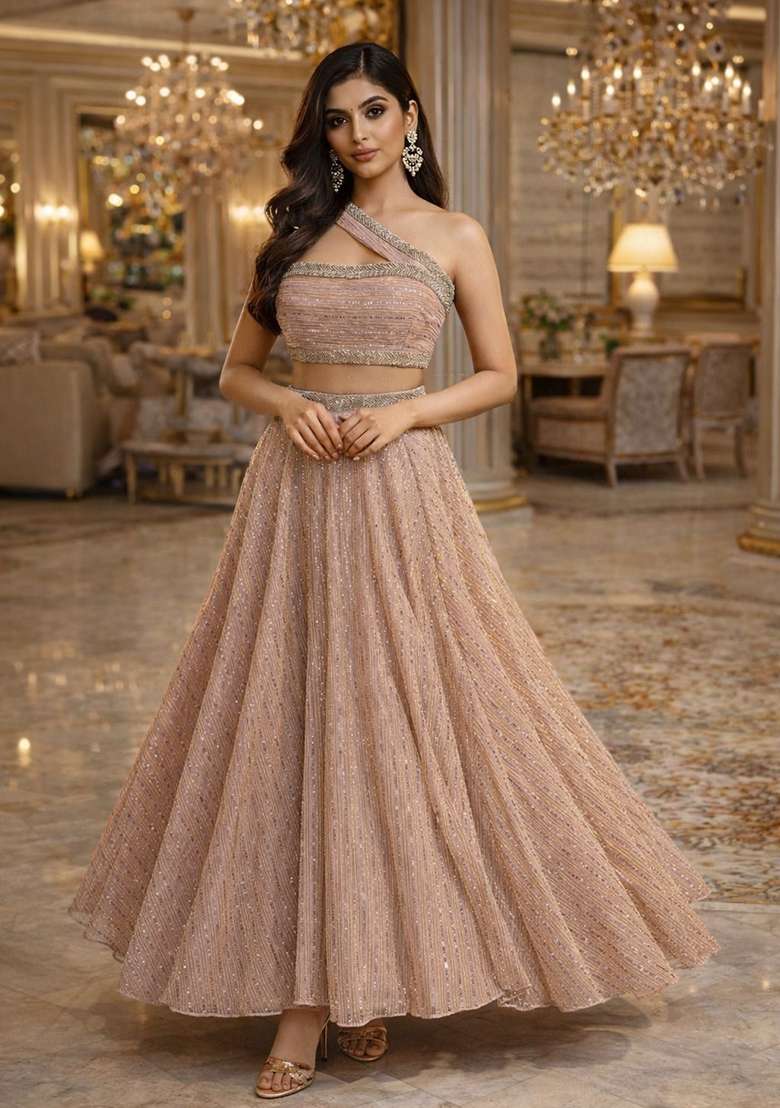 Peach Sequin Embellished Shimmer Lehenga Set for Diwali and Festive Wear - Indya