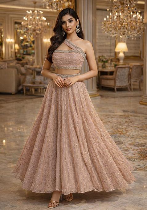 Peach Sequin Embellished Shimmer Lehenga Set 