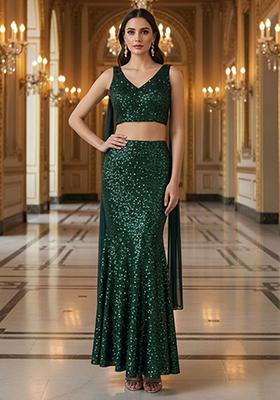 Emerald Green Sequin Net Lehenga Set 