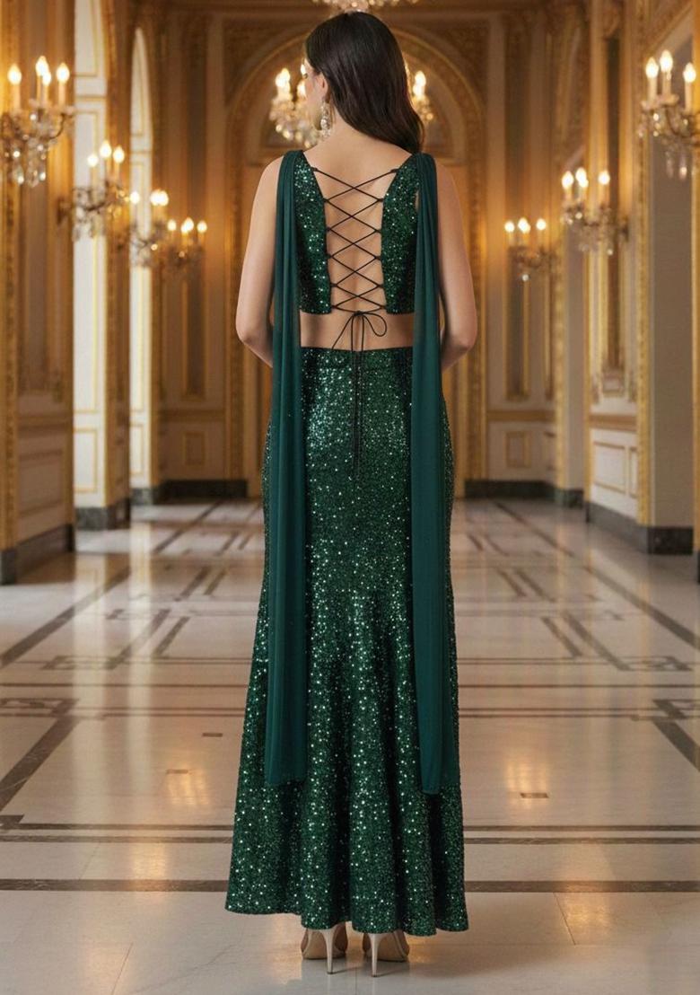 Emerald Green Sequin Net Lehenga Set  - Indya