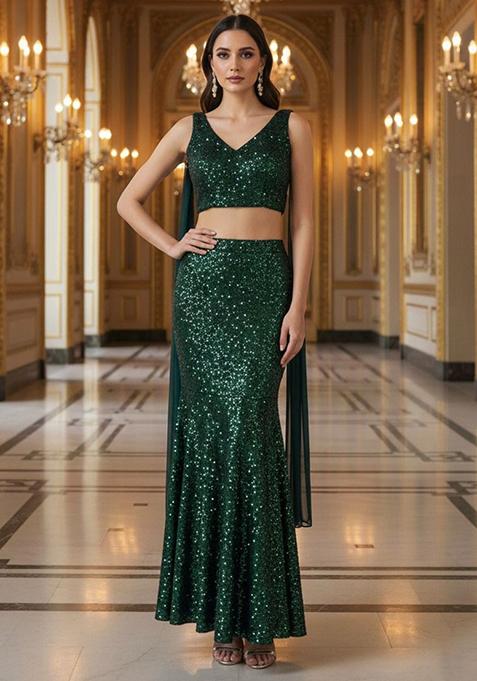 Emerald Green Sequin Net Lehenga Set 