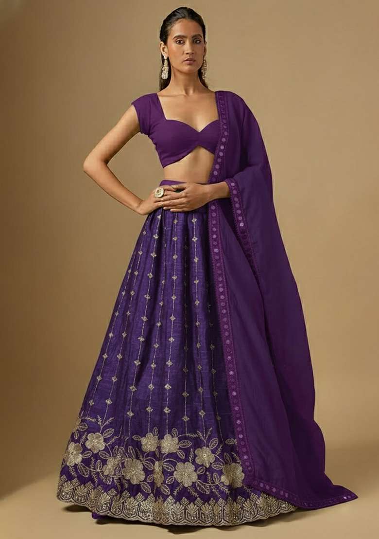 Deep Violet Embroidered Crepe Lehenga Set for Diwali and Festive Wear - Indya