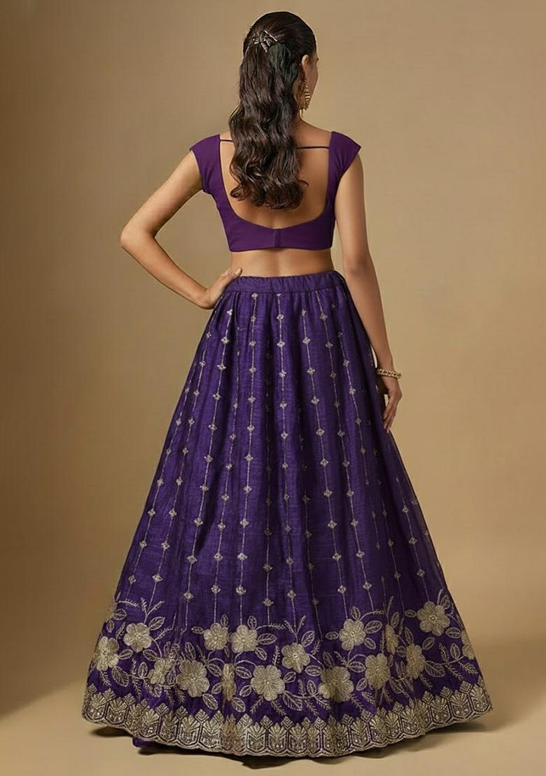 Deep Violet Embroidered Crepe Lehenga Set - Indya